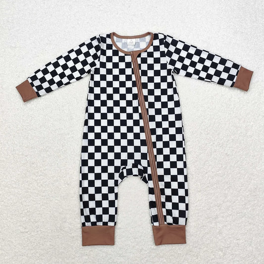 LR1436 Baby Boys Black Checked Long Sleeve Zipper Romper