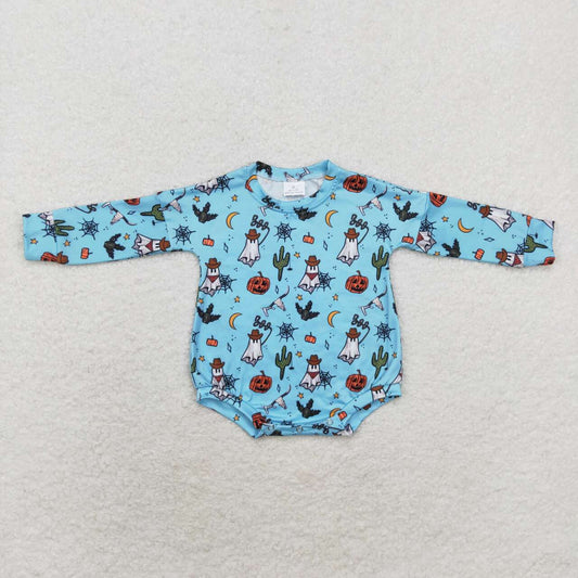 LR1449 Pumpkin Cowboy Blue Print Baby Boys Halloween Romper