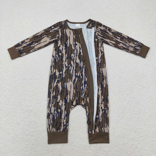 LR1452 Baby Boys olive green Camo Long Sleeve Zipper Romper