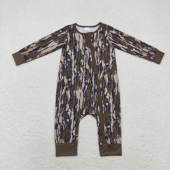LR1452 Baby Boys olive green Camo Long Sleeve Zipper Romper