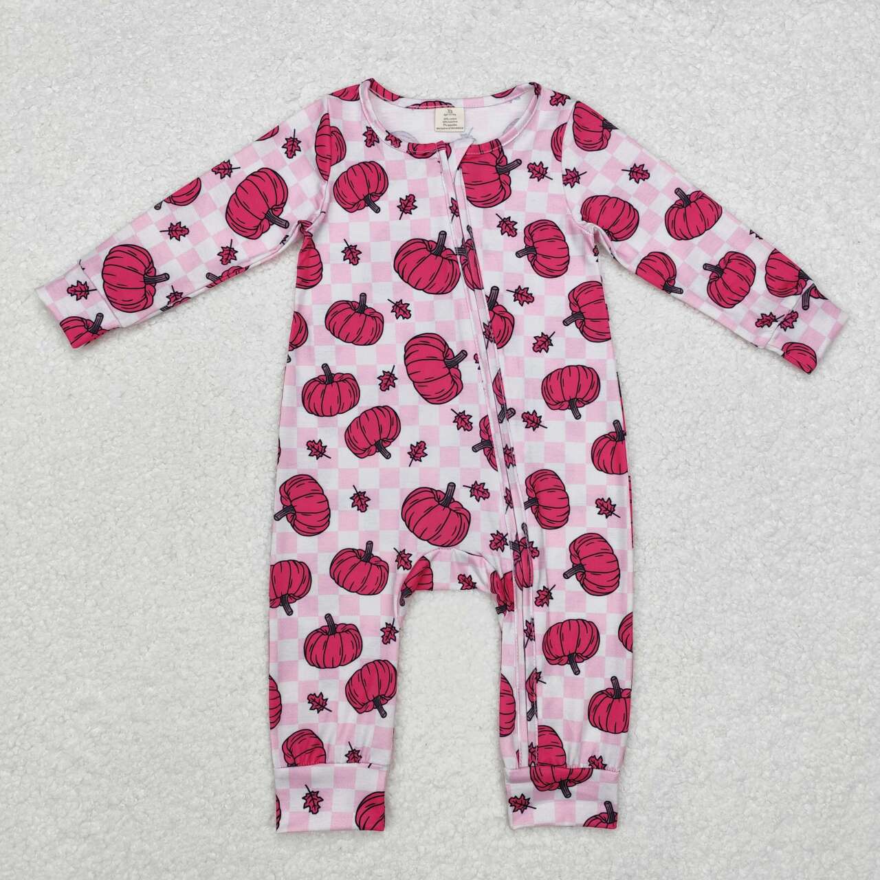 LR1456 Pink Pumpkin Checkered Print Baby Girls Fall Zipper Sleeper Romper
