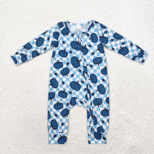 LR1457 Blue Pumpkin Checkered Print Baby Boys Fall Zipper Sleeper Romper