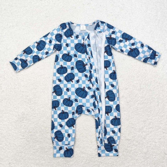 LR1457 Blue Pumpkin Checkered Print Baby Boys Fall Zipper Sleeper Romper