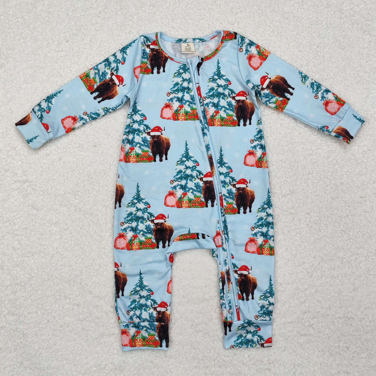 LR1459 Highland Cow Tree Print Baby Christmas Bamboo Zipper Sleeper Romper