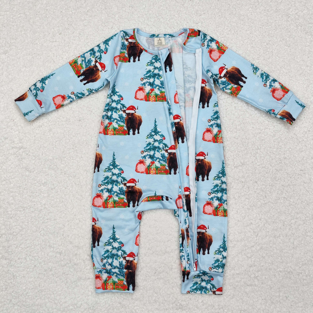 LR1459 Highland Cow Tree Print Baby Christmas Bamboo Zipper Sleeper Romper