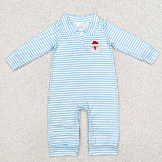 LR1475  Santa Embroidery Blue Stripes Print Baby Boys Christmas Romper
