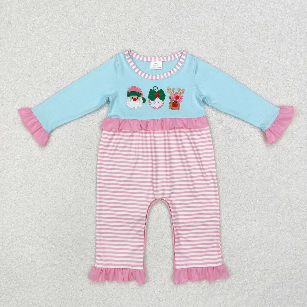 LR1476  Santa Deer Embroidery Pink Stripes Print Baby Girls Christmas Ruffle Romper