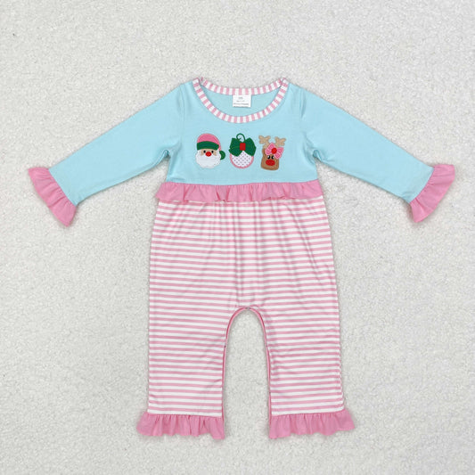 LR1476  Santa Deer Embroidery Pink Stripes Print Baby Girls Christmas Ruffle Romper