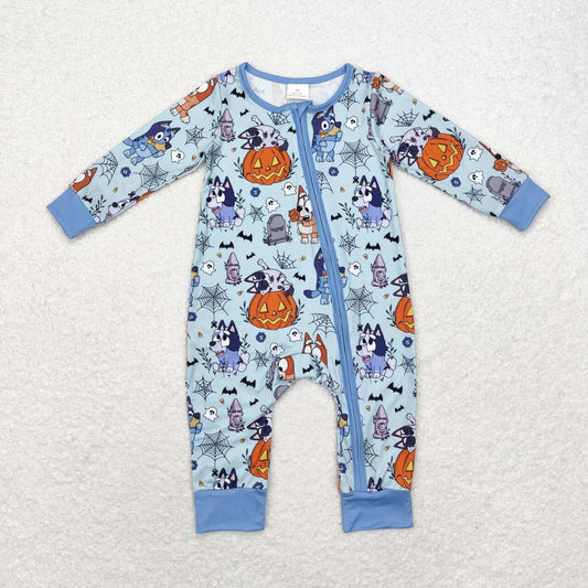 LR1482 Cartoon Dog Pumpkin Web Print Baby Boys Halloween Zipper Sleeper Romper