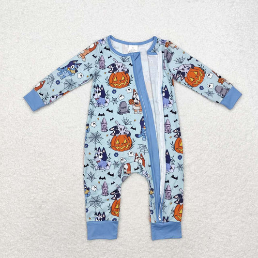 LR1482 Cartoon Dog Pumpkin Web Print Baby Boys Halloween Zipper Sleeper Romper