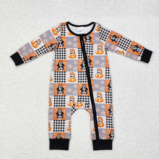 LR1484 Cartoon Dog Checkered Print Baby Boys Halloween Zipper Sleeper Romper