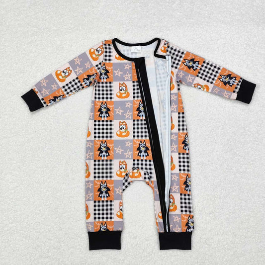 LR1484 Cartoon Dog Checkered Print Baby Boys Halloween Zipper Sleeper Romper