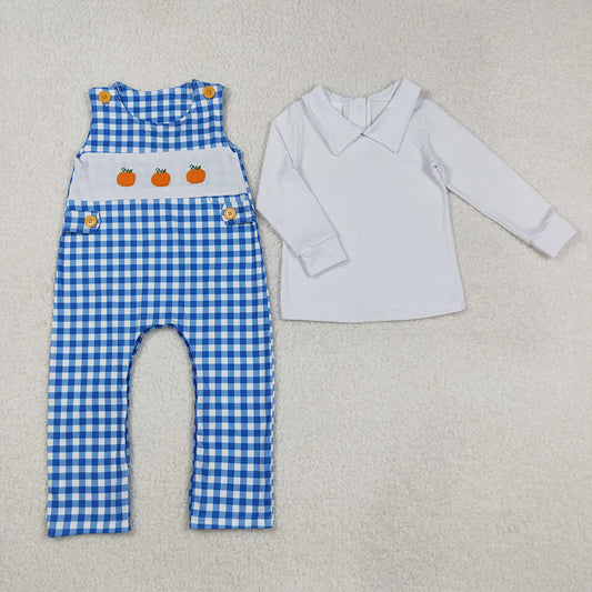 LR1501 White Top Pumpkin Embroidery Blue Checkered Romper Baby Boys Fall Clothes Set