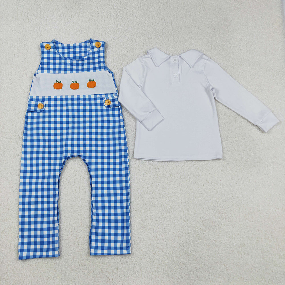 LR1501 White Top Pumpkin Embroidery Blue Checkered Romper Baby Boys Fall Clothes Set
