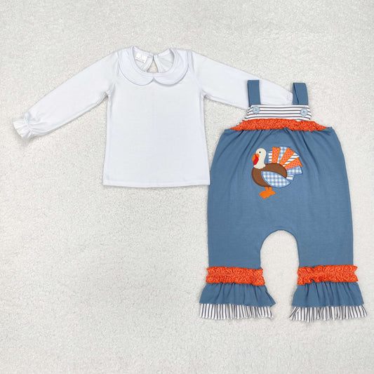 LR1504 White Top Turkey Embroidery Jumpsuits Baby Girls Thanksgiving Clothes Set