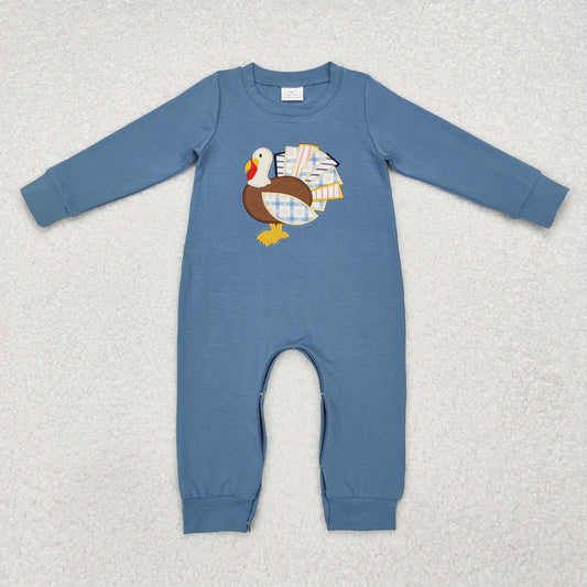 LR1505 Turkey Embroidery Blue Cotton Baby Boys Thanksgiving Romper