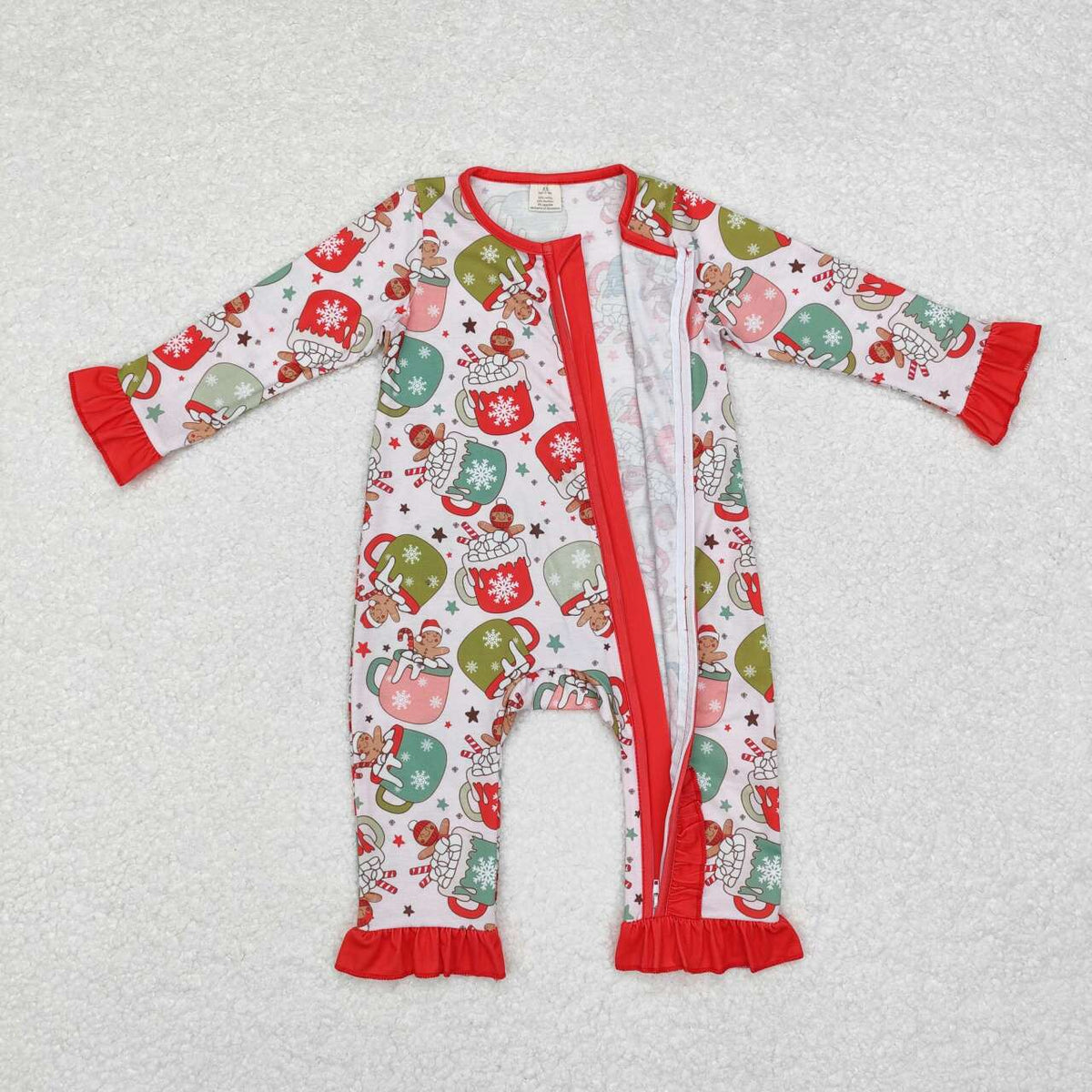 LR1509 Gingerbread Cups Candy Cane Print Baby Girls Christmas Bamboo Zipper Sleeper Romper