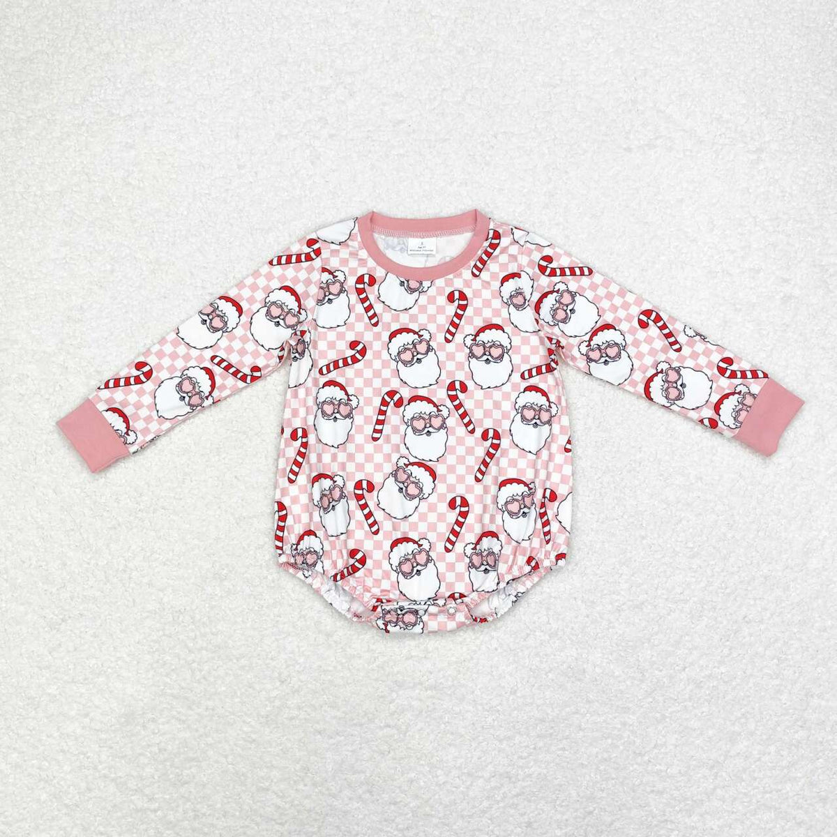 LR1511 Santa Candy Cane Checkered Print Baby Girls Christmas Romper