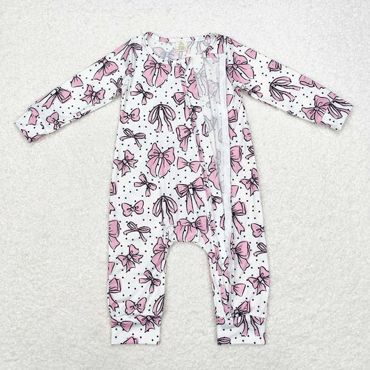 LR1512 Baby Girls Pink Bow long Sleeve Zipper Romper