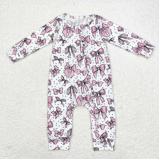 LR1512 Baby Girls Pink Bow long Sleeve Zipper Romper