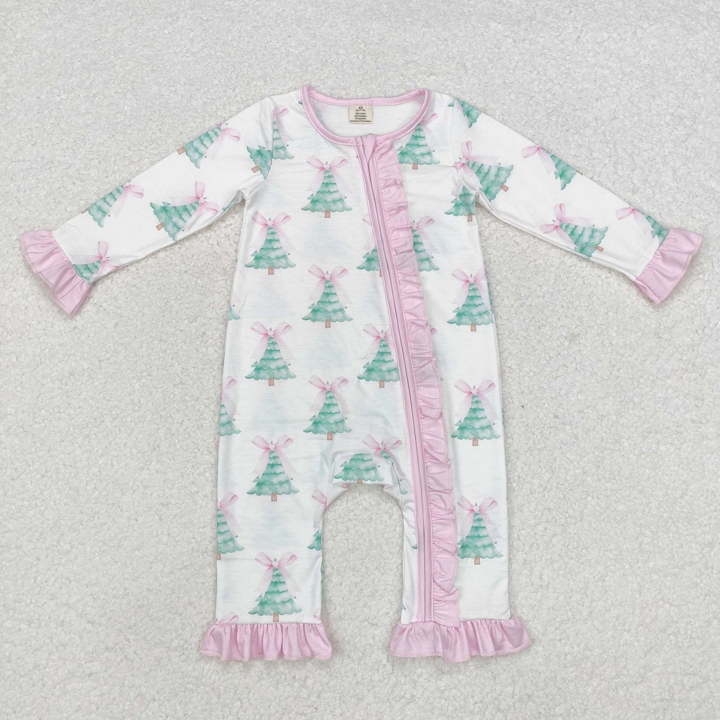 LR1518 Tree Bows Print Baby Girls Christmas Bamboo Zipper Sleeper Romper