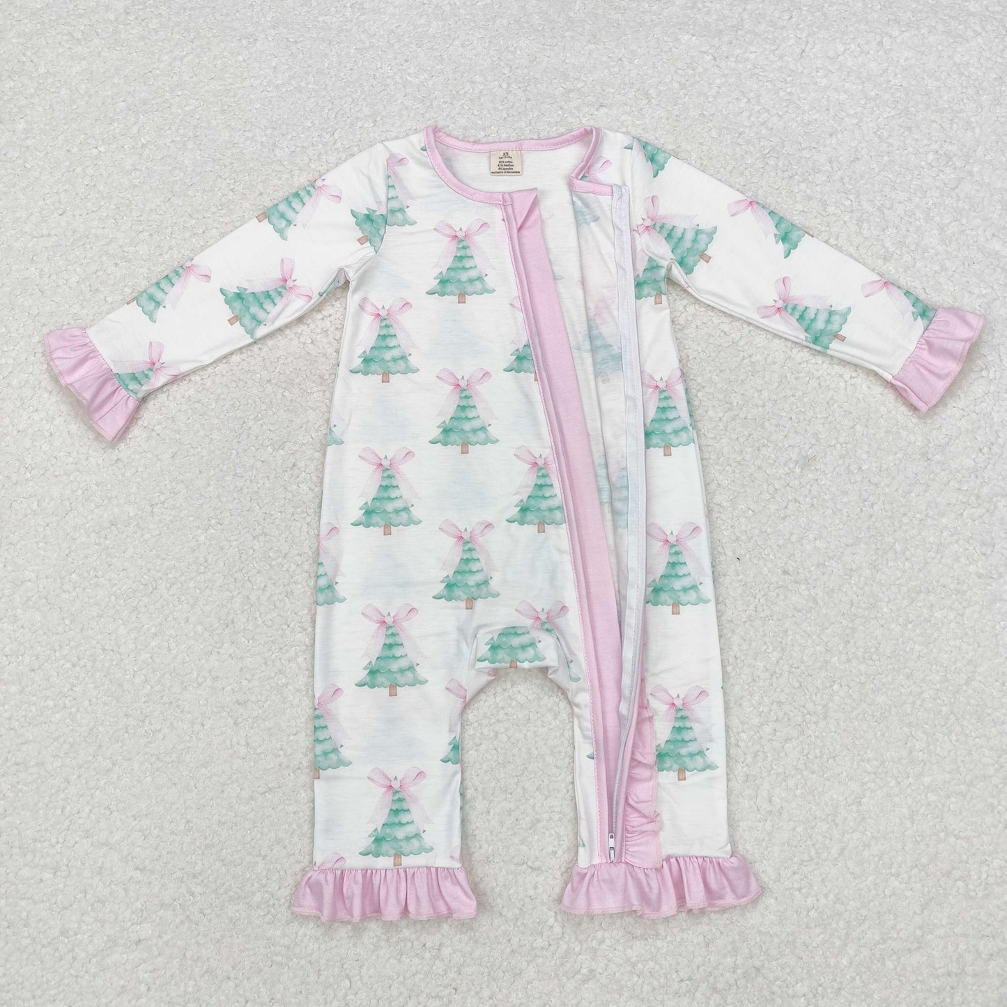 LR1518 Tree Bows Print Baby Girls Christmas Bamboo Zipper Sleeper Romper
