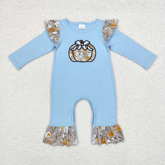LR1529  Pumpkin Embroidery Blue Baby Girls Fall Ruffle Romper