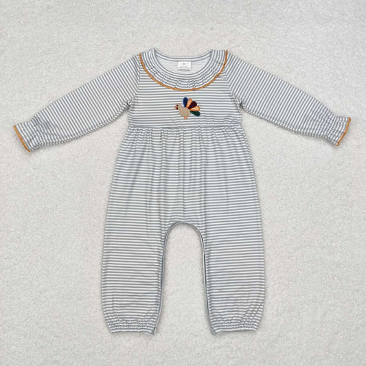 LR1542  Turkey Embroidery Stripes Baby Girls Thanksgiving Romper