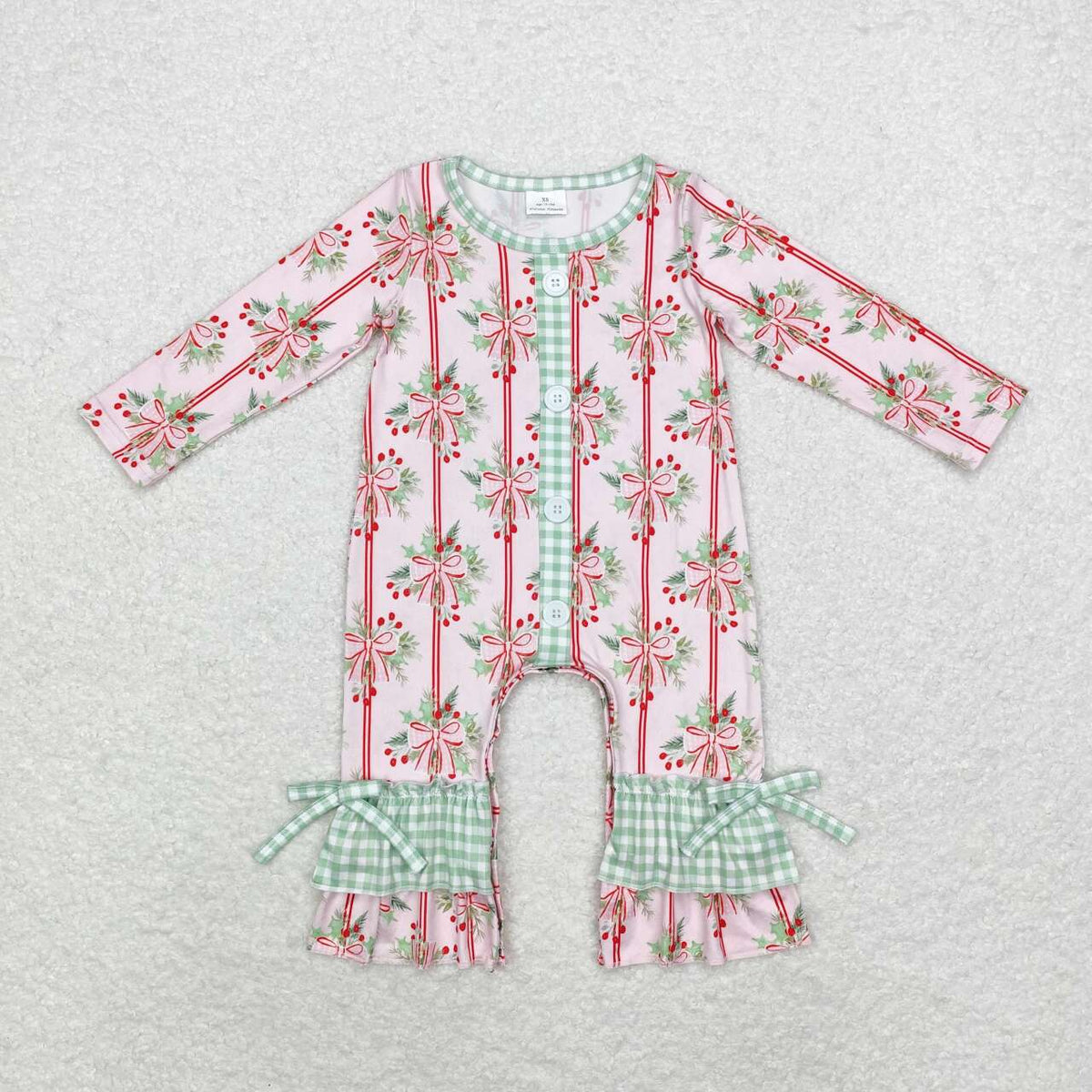 LR1544 Holly Bows Print Baby Girls Christmas Ruffle Romper