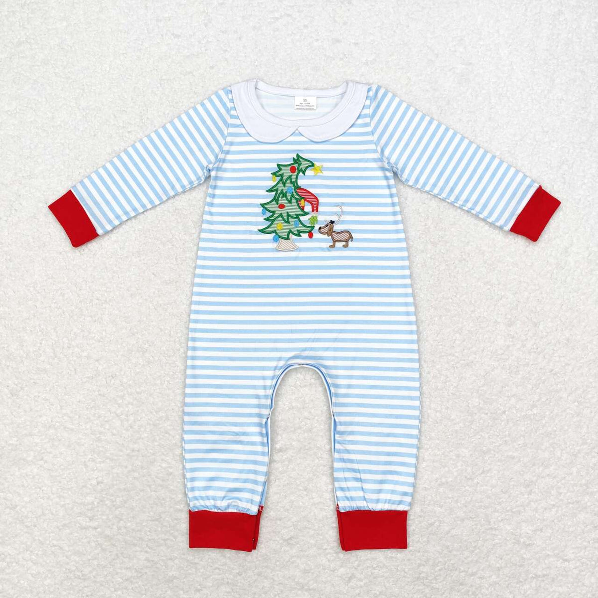 LR1564  Tree Embroidery Blue Stripes Print Baby Boys Christmas Romper