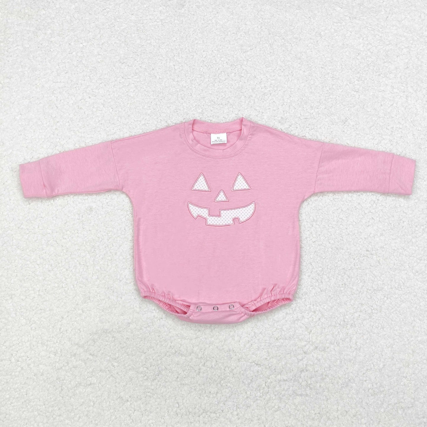 LR1573 Smiling Face Embroidery Pink Cotton Baby Girls Halloween Bubble Romper