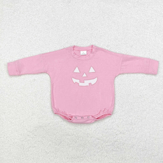 LR1573 Smiling Face Embroidery Pink Cotton Baby Girls Halloween Bubble Romper