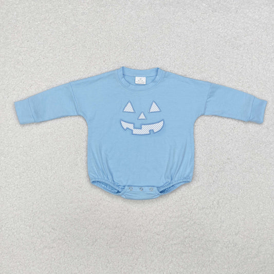 LR1575 Smiling Face Embroidery Blue Cotton Baby Boys Halloween Bubble Romper