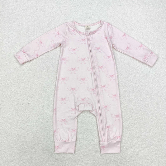 LR1579 Baby Girls Pink Bows Long Sleeve Zipper Romper