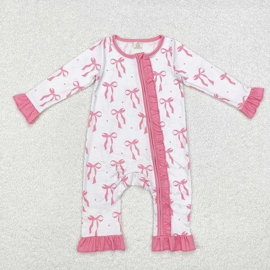 LR1584 Baby Girls Pink Bows Ruffle Zipper Long Sleeve Romper