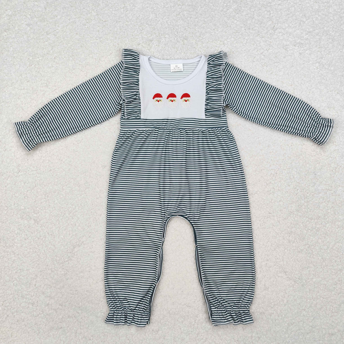 LR1586  Santa Embroidery Stripes Print Baby Girls Christmas Ruffle Romper