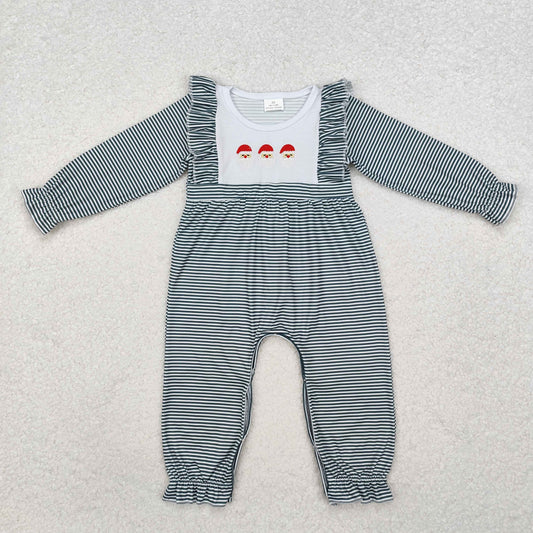 LR1586  Santa Embroidery Stripes Print Baby Girls Christmas Ruffle Romper