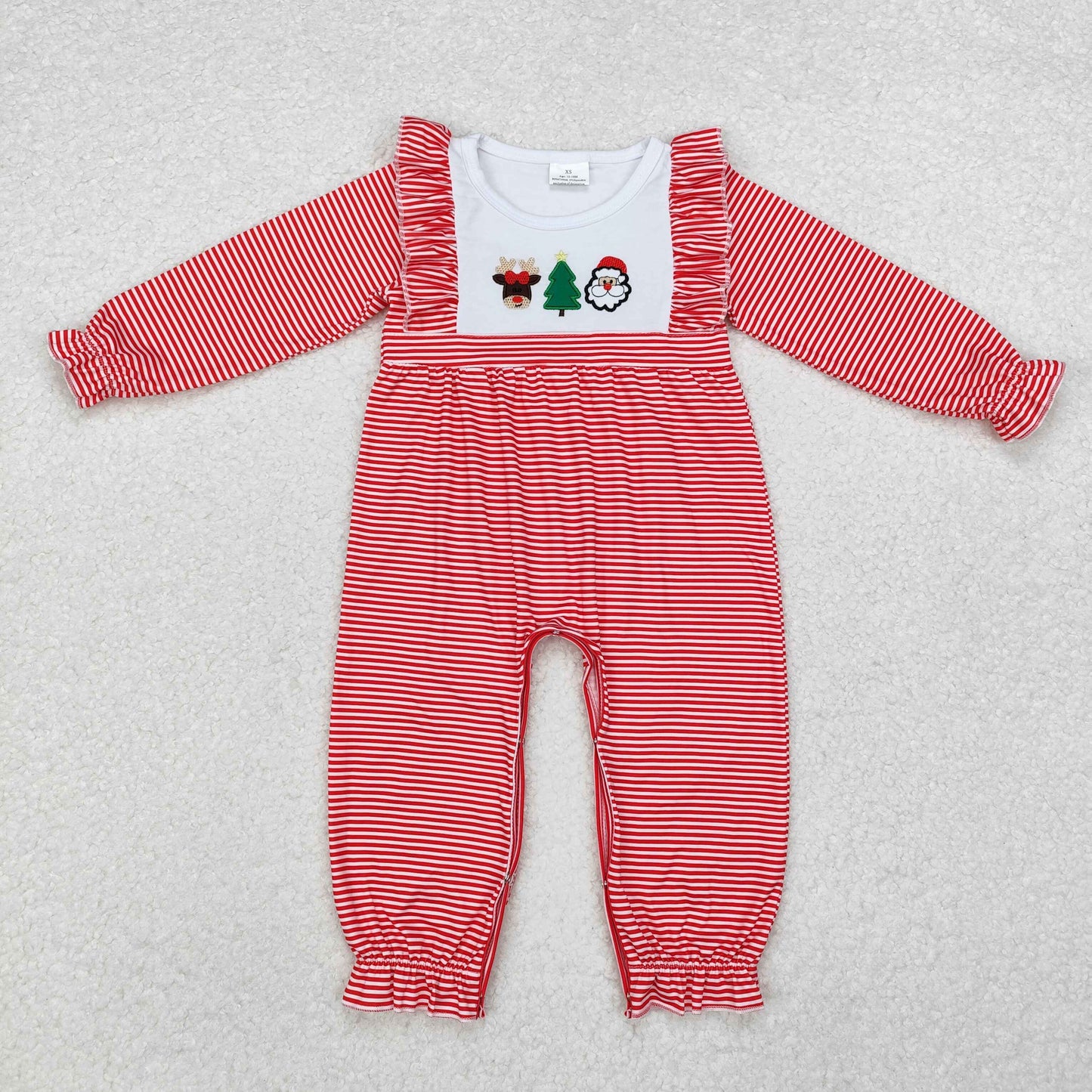 LR1588  Deer Tree Santa Embroidery Stripes Print Baby Girls Christmas Ruffle Romper