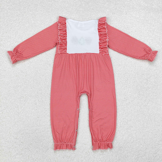 LR1588  Deer Tree Santa Embroidery Stripes Print Baby Girls Christmas Ruffle Romper