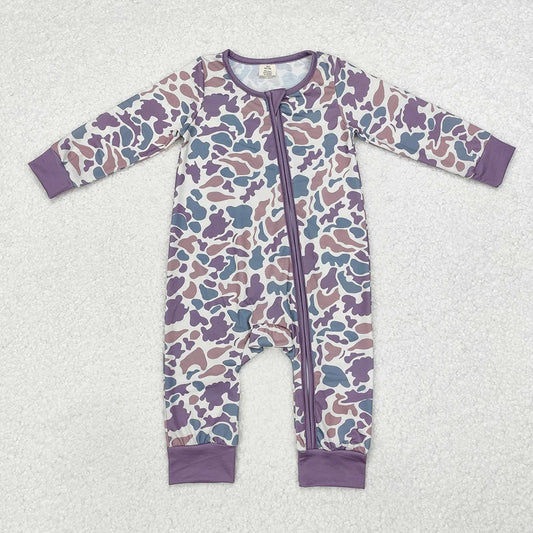 LR1604 Baby Boys Purple Green  Camo Long Sleeve Zipper Romper