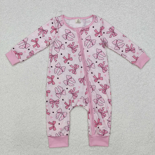 LR1608 Baby Girls Polka Dot Bow Long Sleeve Zipper Romper