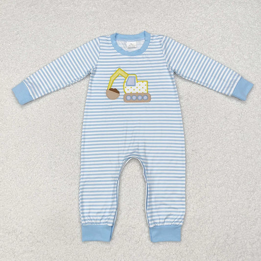 LR1617 Baby Boys Emdroidery Dogger Construction Blue Striped Long Sleeve Romper