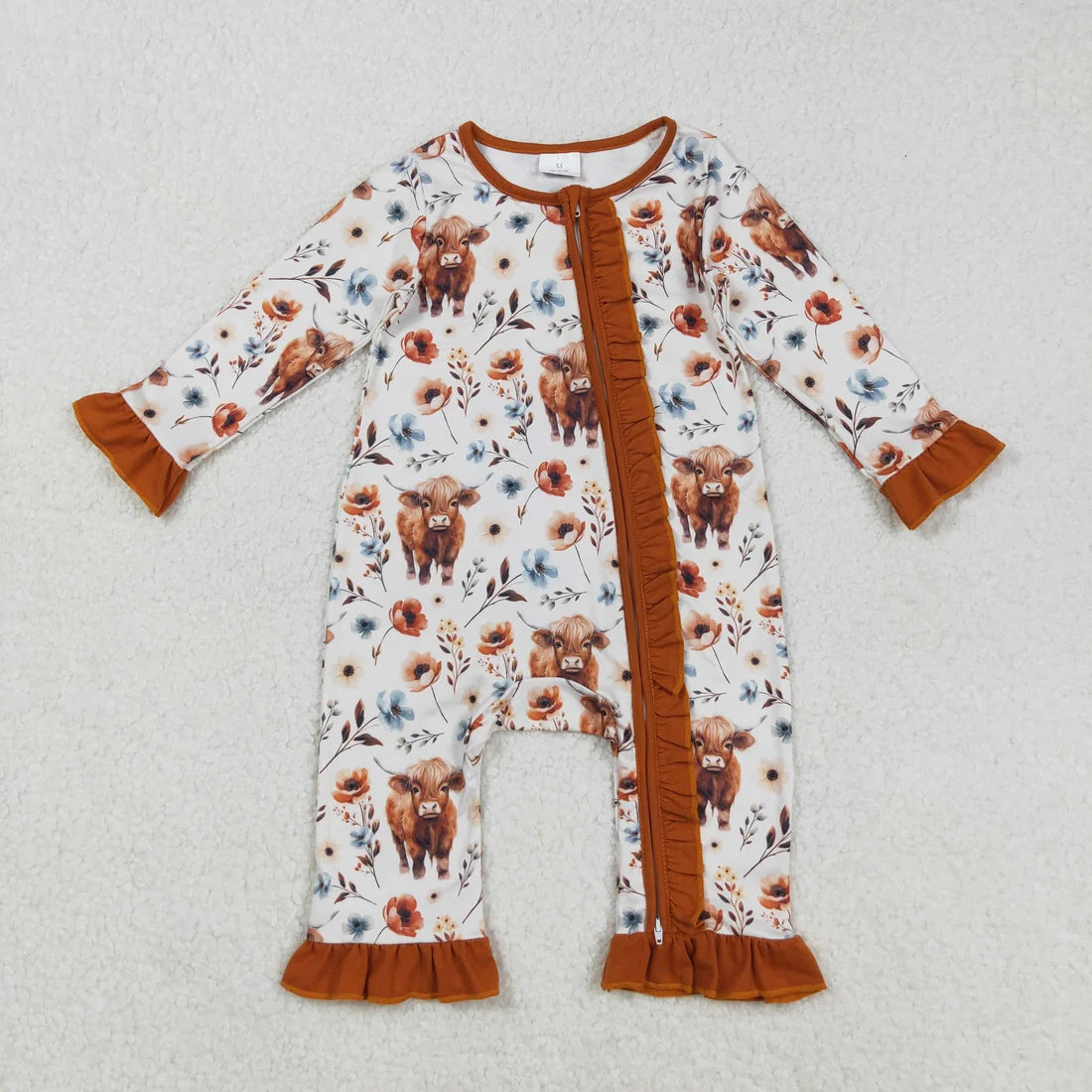 Sibling Baby Girls Highland Cow Flowers Long Sleeve Dress and Zipper Romper
