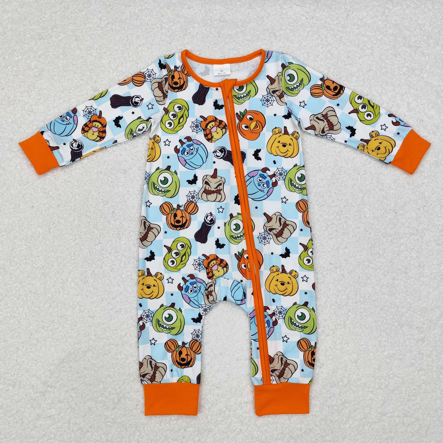 LR1650 Cartoon Monster Pumpkin Checkered Print Baby Boys Halloween Zipper Sleeper Romper