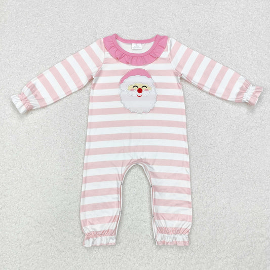 LR1662  Santa Embroidery Stripes Print Baby Girls Christmas Romper