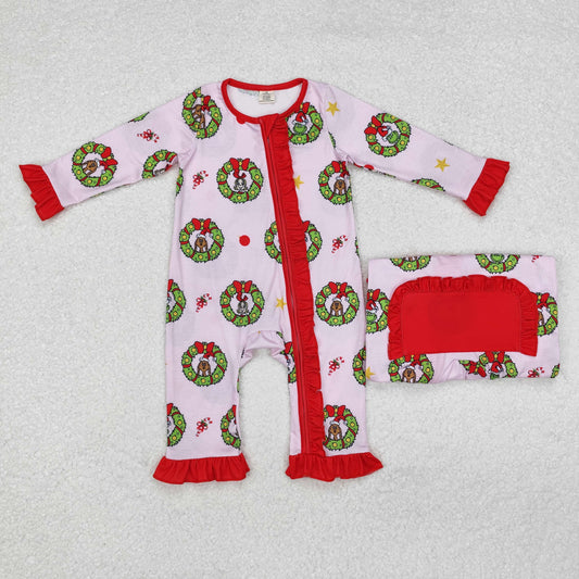 LR1664 Green Frog Candy Cane Pink Print Baby Girls Christmas Bamboo Zipper Sleeper Romper