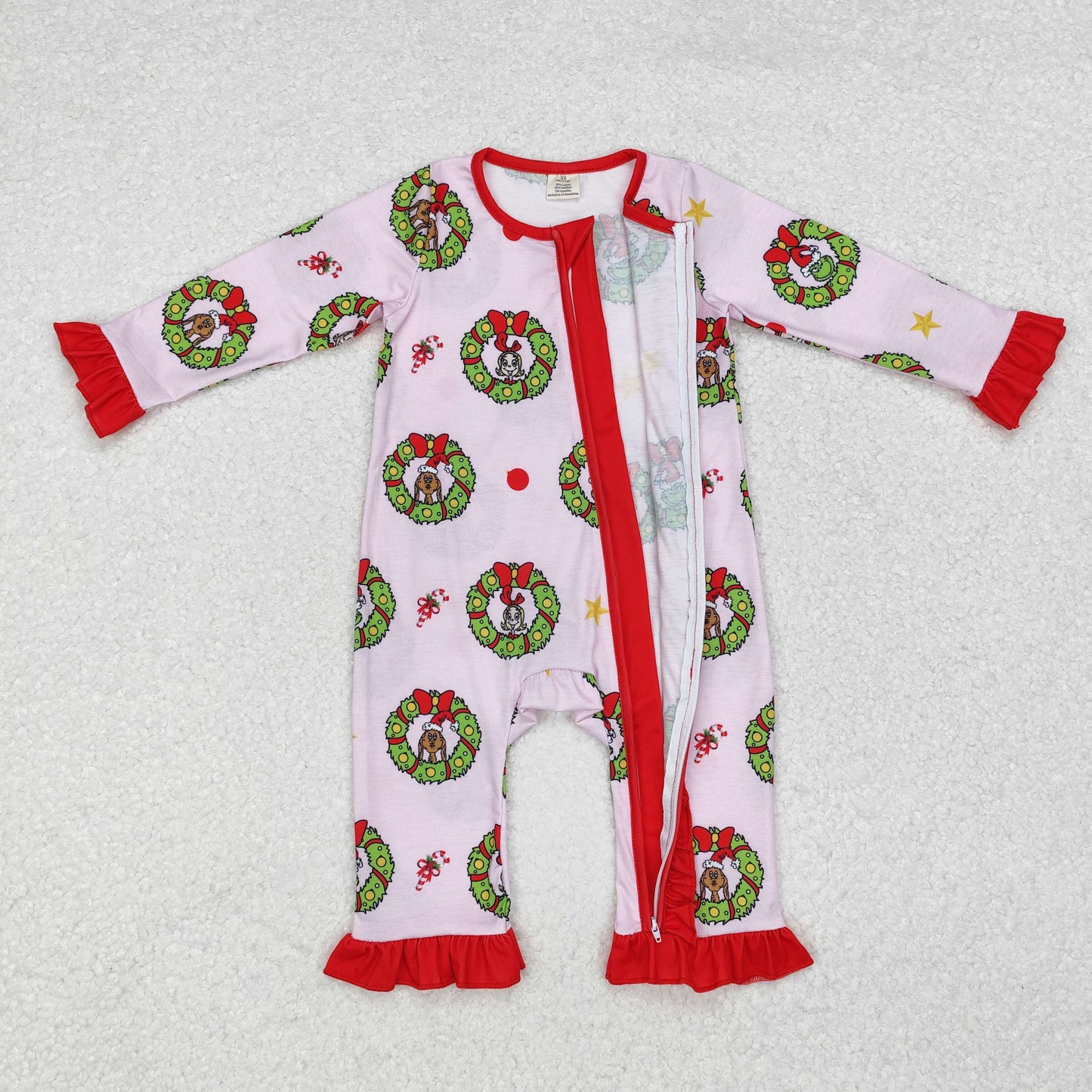 LR1664 Green Frog Candy Cane Pink Print Baby Girls Christmas Bamboo Zipper Sleeper Romper