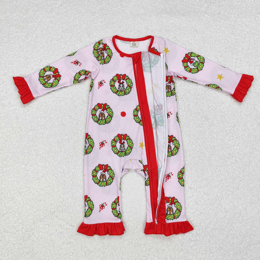LR1664 Green Frog Candy Cane Pink Print Baby Girls Christmas Bamboo Zipper Sleeper Romper
