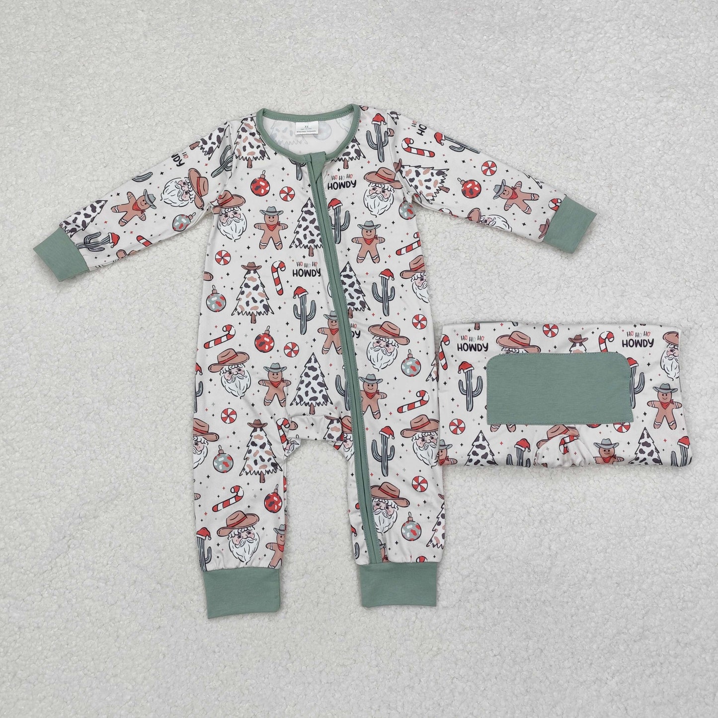 LR1674 Gingerbread Santa Candy Cane Print Baby Boys Christmas Zipper Sleeper Romper
