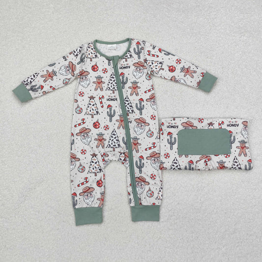 LR1674 Gingerbread Santa Candy Cane Print Baby Boys Christmas Zipper Sleeper Romper